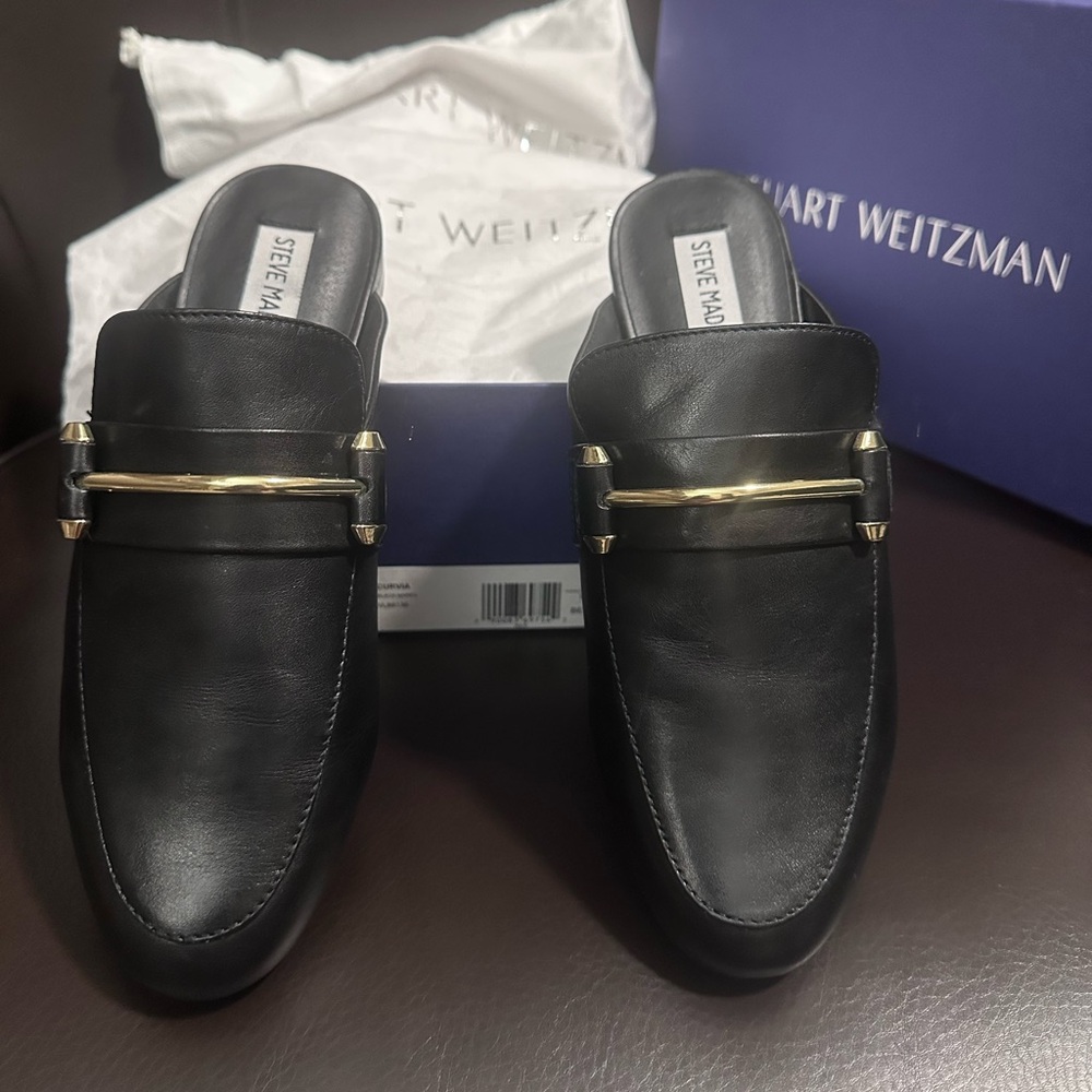 Stuart Weitzman Black Leather Women’s Slip-Ons with Gold Accent